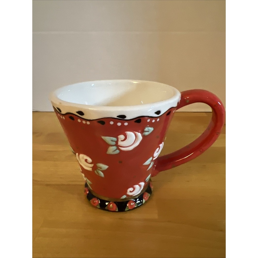Vintage Mary Engelbreit White Roses & Green Leaves Red Christmas Mug - 1999